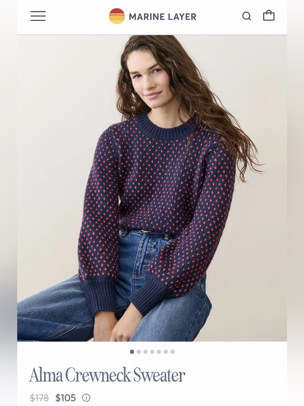 Marine Layer Alma Crewneck Sweater in navy/red - size large
